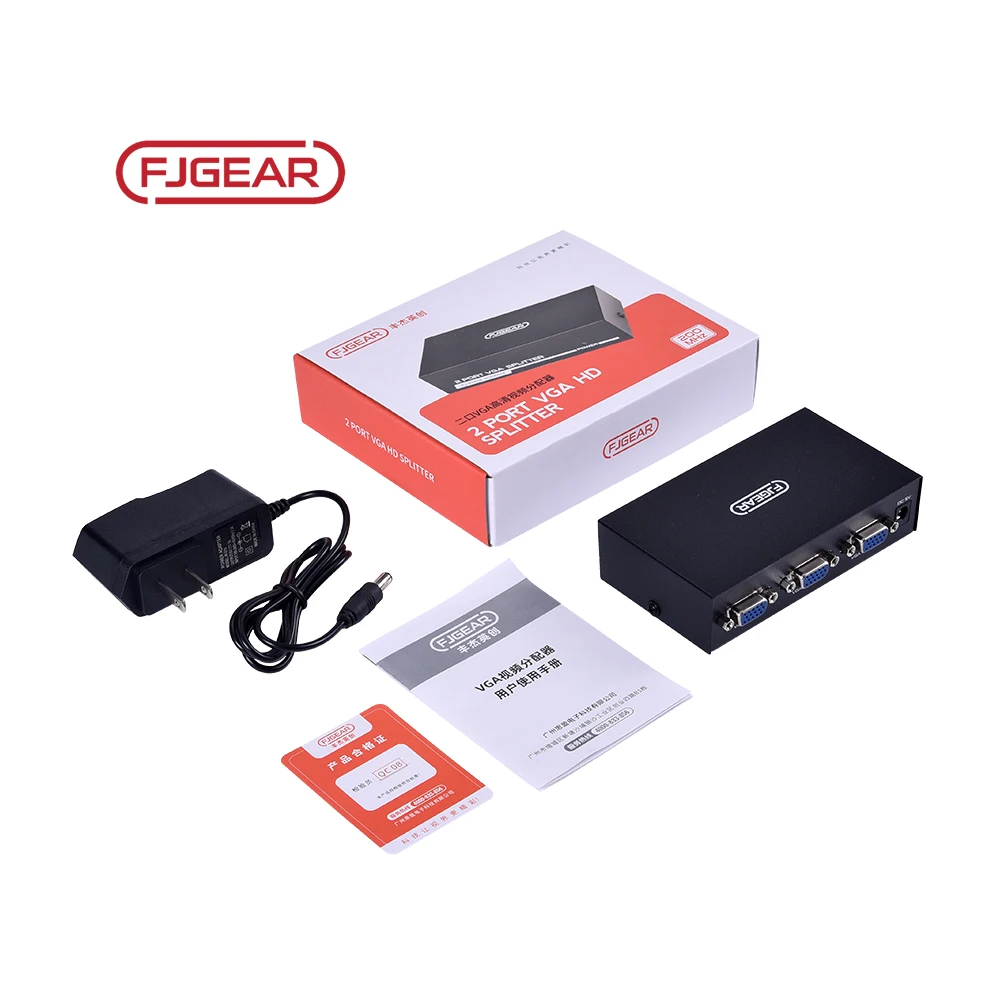 FJGEAR hot selling Vga Splitter 1 Input 2 Output Rgb: Bandwidth 200mhz  Transmission Distance up to 25M