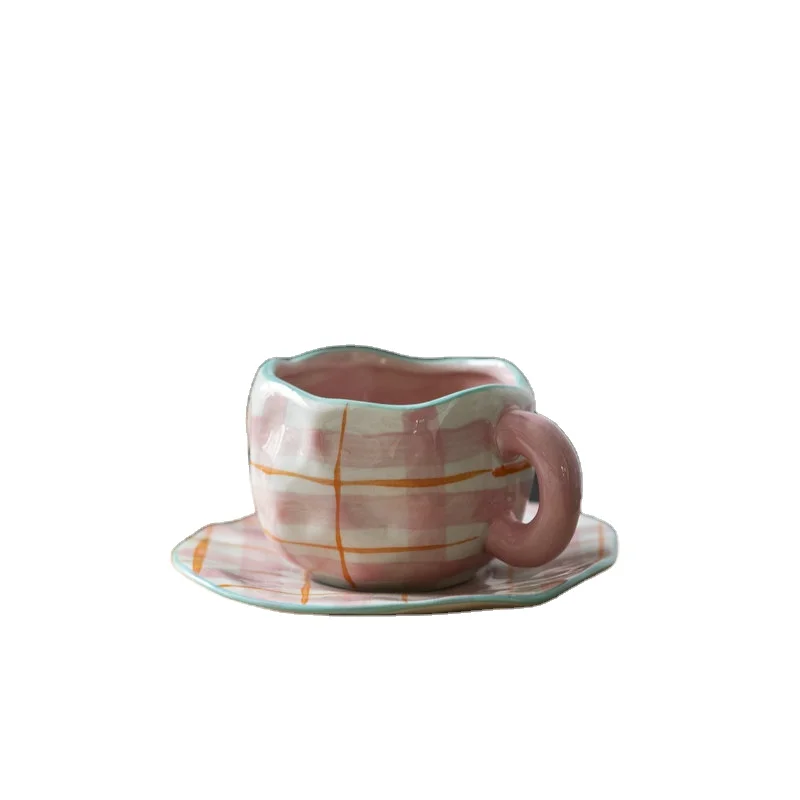 Designer style retro girl holding coffee cup and saucer, afternoon tea ceramic cup and water cup