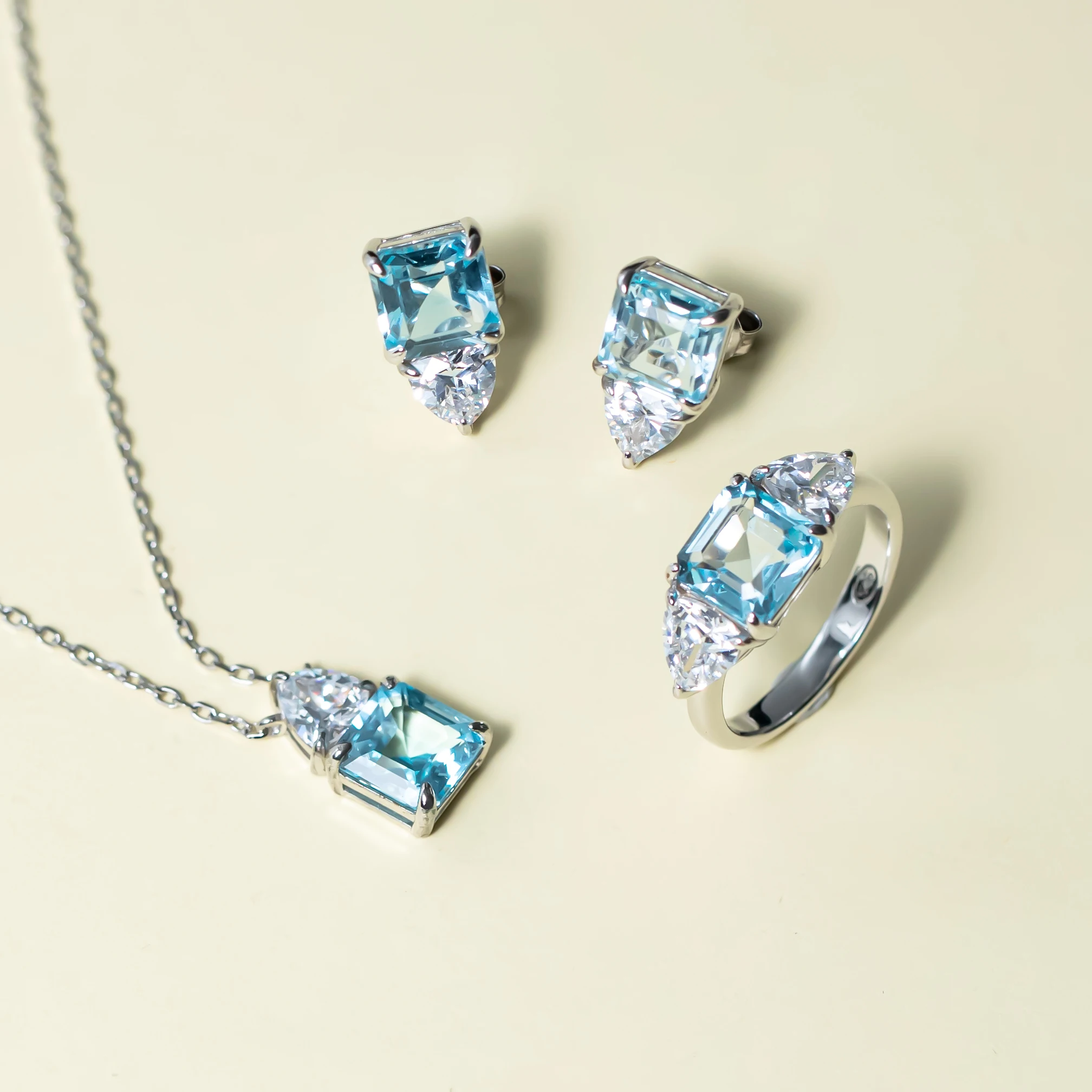 Nature Stone Blue Topaz 925 Sterling Silver Jewelry Set Rhodium Plated Necklace