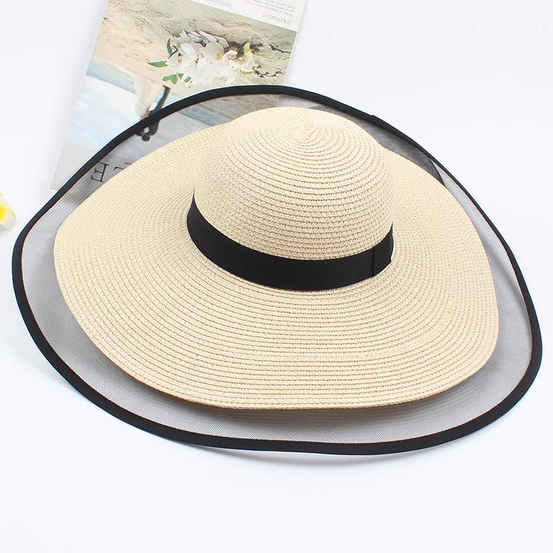 wholesale female elegant summer beach hats Mesh trimmed oversized women wide brim straw sun hats