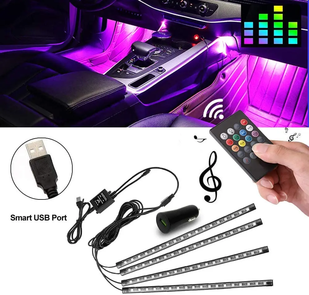 
4pcs 48 72 LED Multi Color Music Remote control Blue tooth APP led Strip lighting for Car Interior 