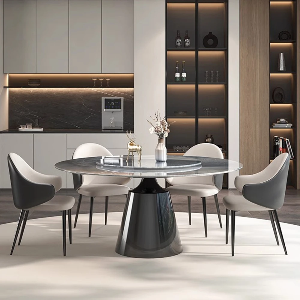 Luxury 1+6 Set White Marble Stone Solid Wood Dining Table with Modern 6-Leather Chairs for Home or Hotel Furniture