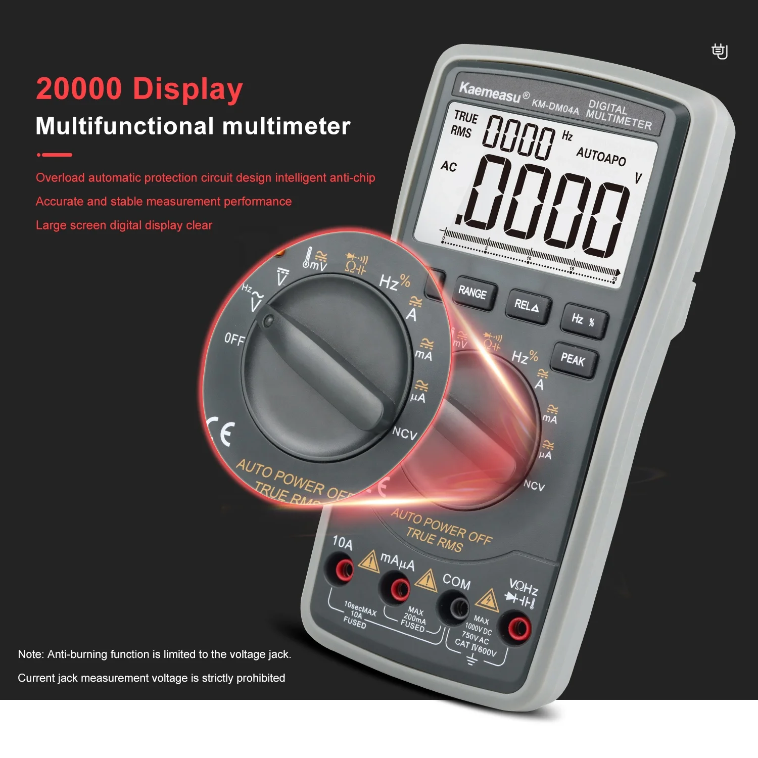 Amazon Top sale 20000 Counts Universal meter DC/AC electronic Autorange Anti burn Digital Multimeters with temperature probe 04A