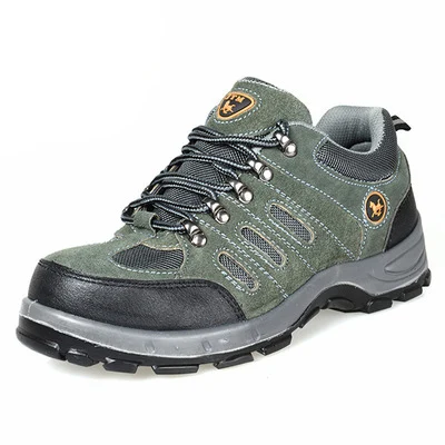 Army green flip fur breathable hiking  anti-smashing stab PU solid soles shoes outdoor climbing shoes