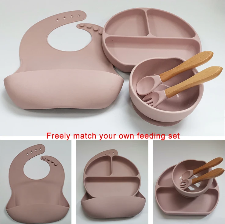 
Custom Logo Kids Feeding Silicone Baby Bowl Set Bib Suction Plate with Wooden Handle Spoon Fork 