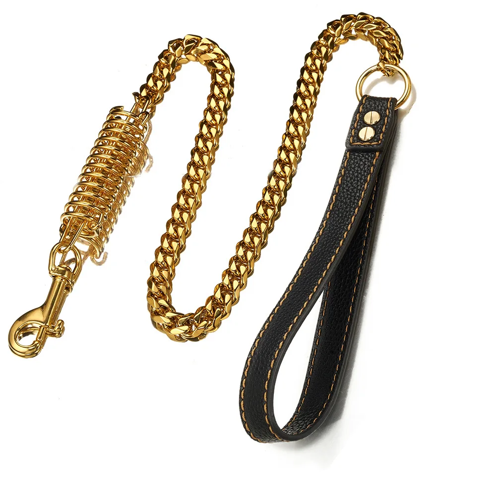 Luxury Gold Dog Collar Chain Leash Bully Cuban Pet Collar And Lead Leash