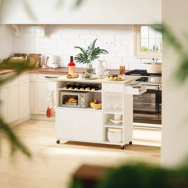 Sunrise Rolling Kitchen Island Cart with Drop-Leaf and Wine Rack, Microwave Rack Serving Cart on Wheels with Drawer& Cup Hanging