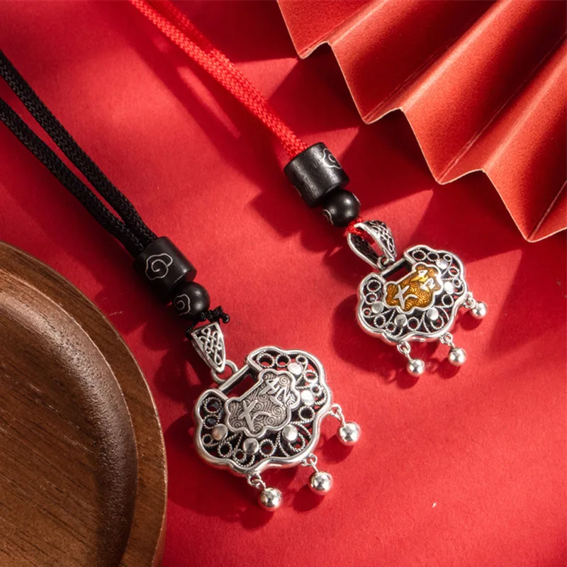 Chinese style S999 silver silver safe lock sterling silver pendant New Chinese ancient silk long life lock single pendant