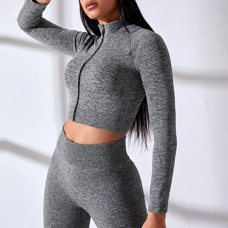 Wholesale Seamless Sportswear Custom Yoga Clothing Long Sleeves Zipper 2 Pieces Set High Waist Yoga Leggings Sets