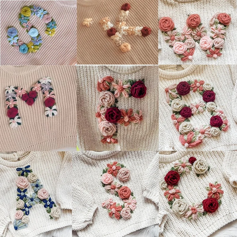 Factory hand embroidered sweaters for Babies and Toddlers custom alphabet knit sweaters for girls and boys