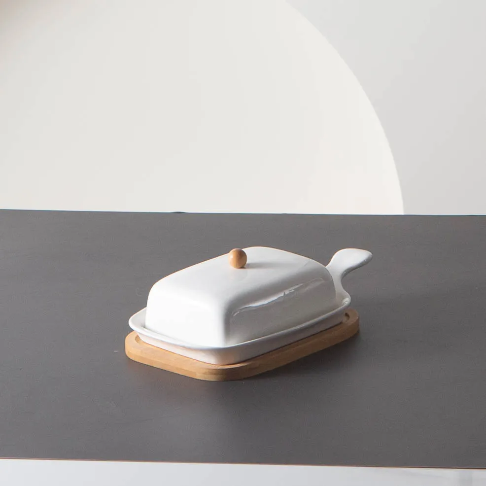 Home Rectangle Ceramic butter keeper bamboo base butter dish LOGO customized acceptable