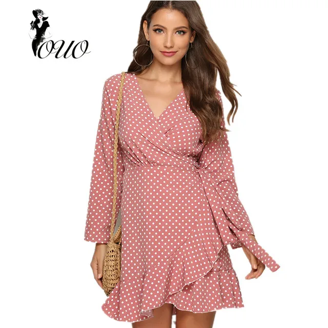 Popular sexy V neck dot print long sleeves Korea sweet design women dress OC106