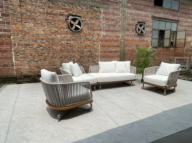 patio weather outdoor furniture teak solid wooden rope sofa set teak rattan