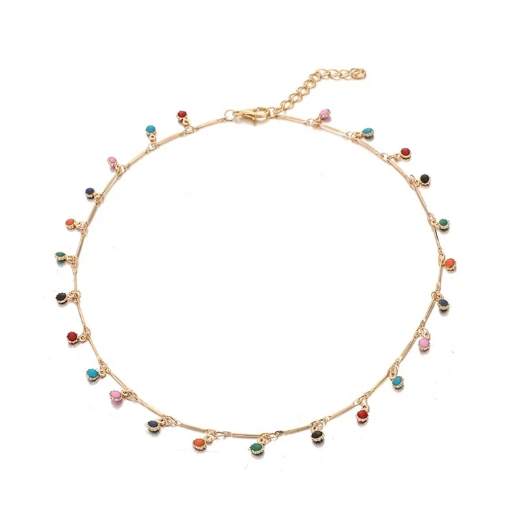 Boho Necklace With Tassel Chain Choker Women Single Layer Candy Color Small Ball Necklace