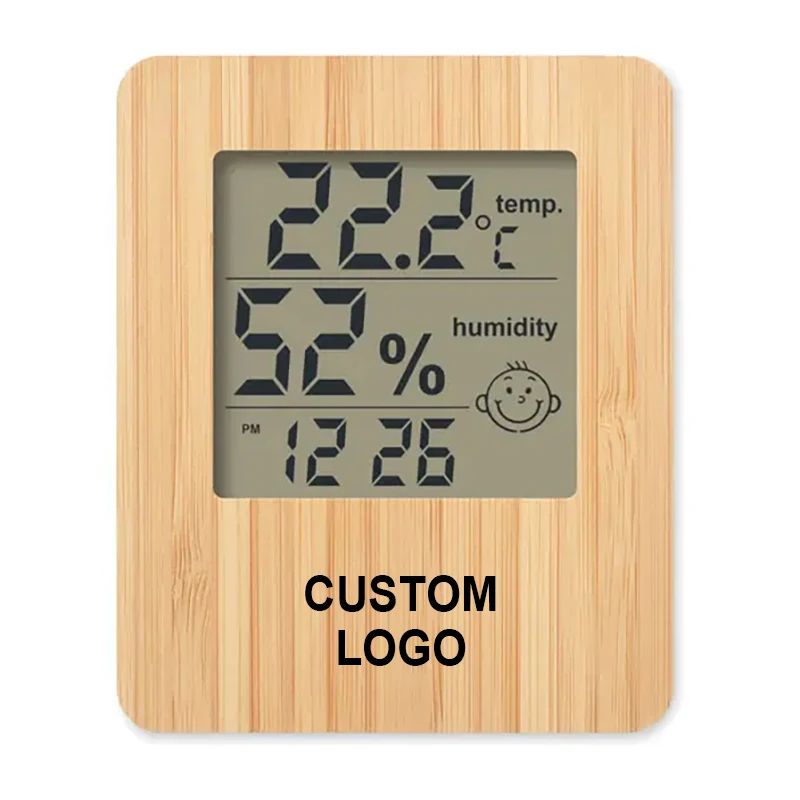 High Quality OME Logo Electronic Wooden Multifunctional Temperature And Humidity Display Battery Bamboo Digital Alarm Clock