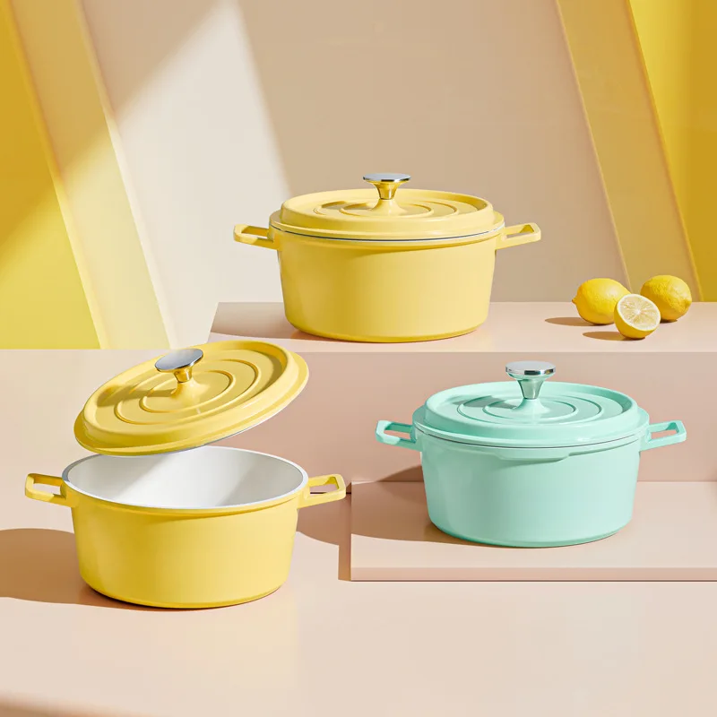 European double ears Style Enamel Cookware Cooking Set Heat Resistant Double Ears Enamel Pot Set Ceramic Coating Pan
