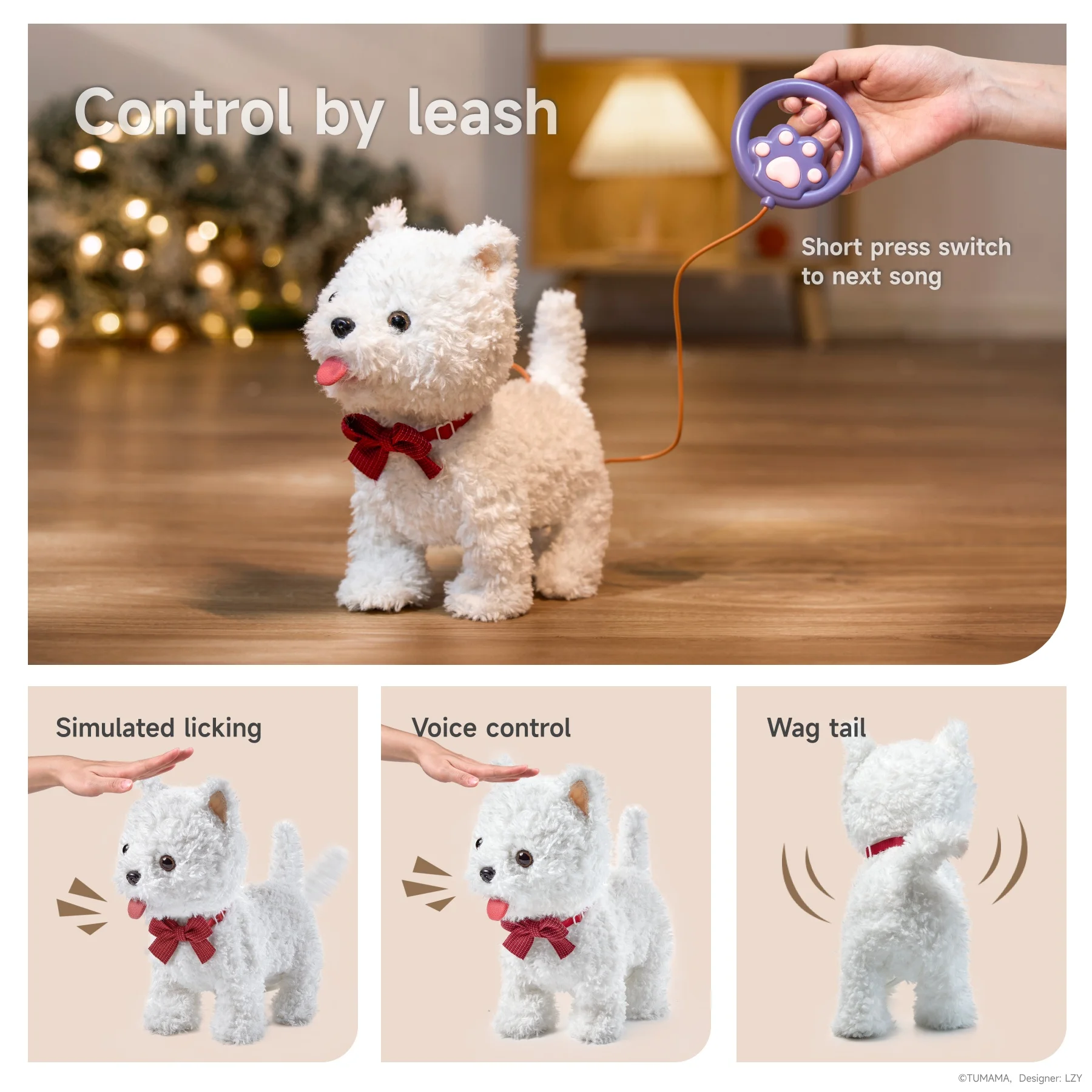 Tumama Kids Surprise Gift Products White Plush Pet Dog Electric Playing Toys Touch Control Doggy Puppy Walking Toy with Leash