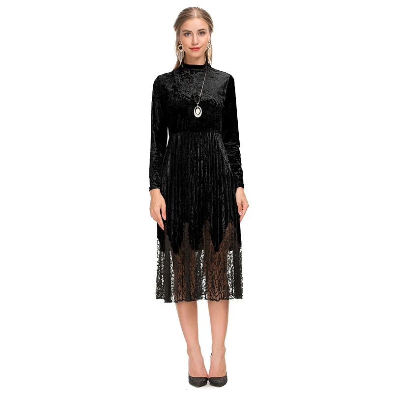 Latest design pleated lace hem women long sleeve high waist crew neckline soft velvet fabric midi dress