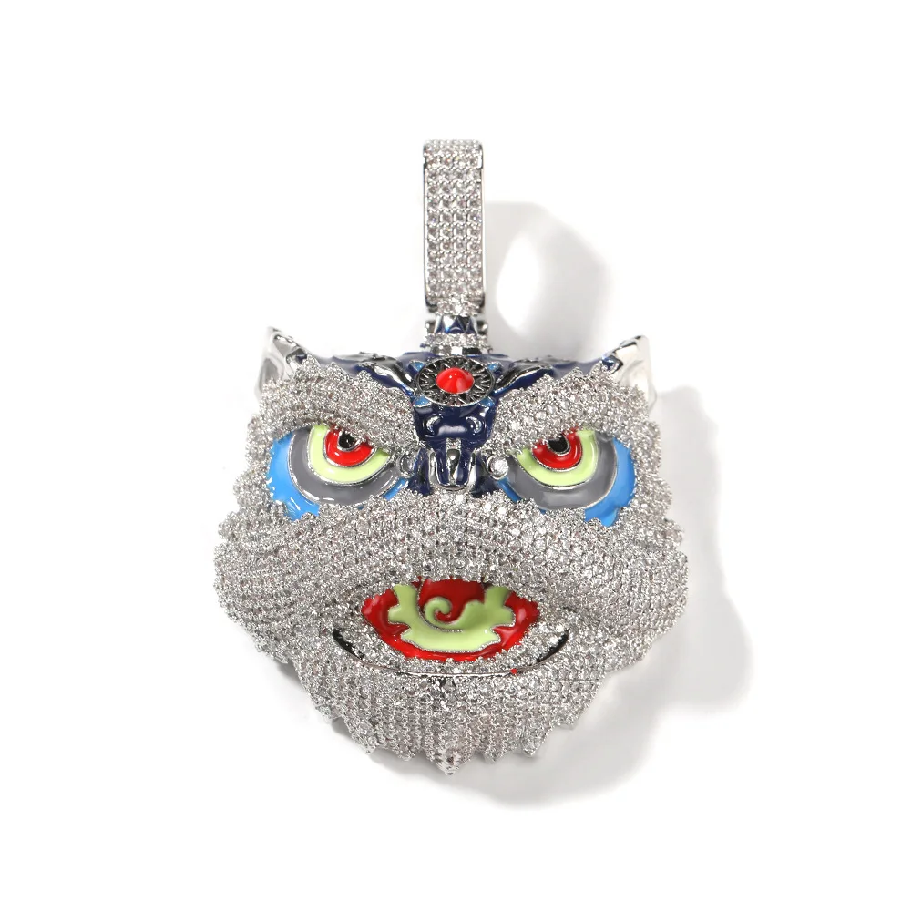 Chinese Traditional Cultural Beast Dancing Lion Head Character Pendant Iced Out CZ Colorful Enamel Charms Fashion Jewelry