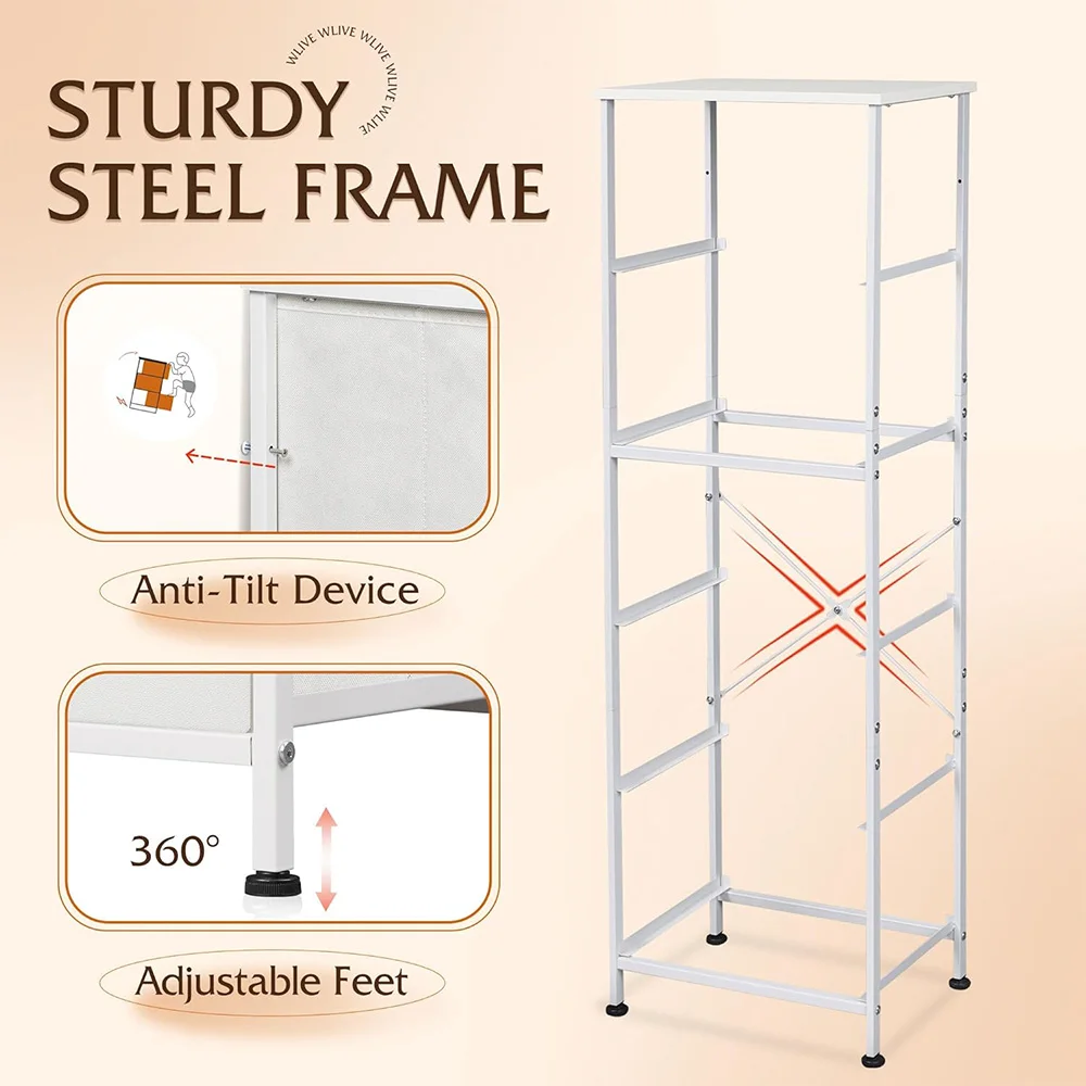 5-Drawer Tall Dresser for Storage  Organizer with Fabric Bins Wood Top Sturdy Steel Frame Chest of Drawers for Closet  White