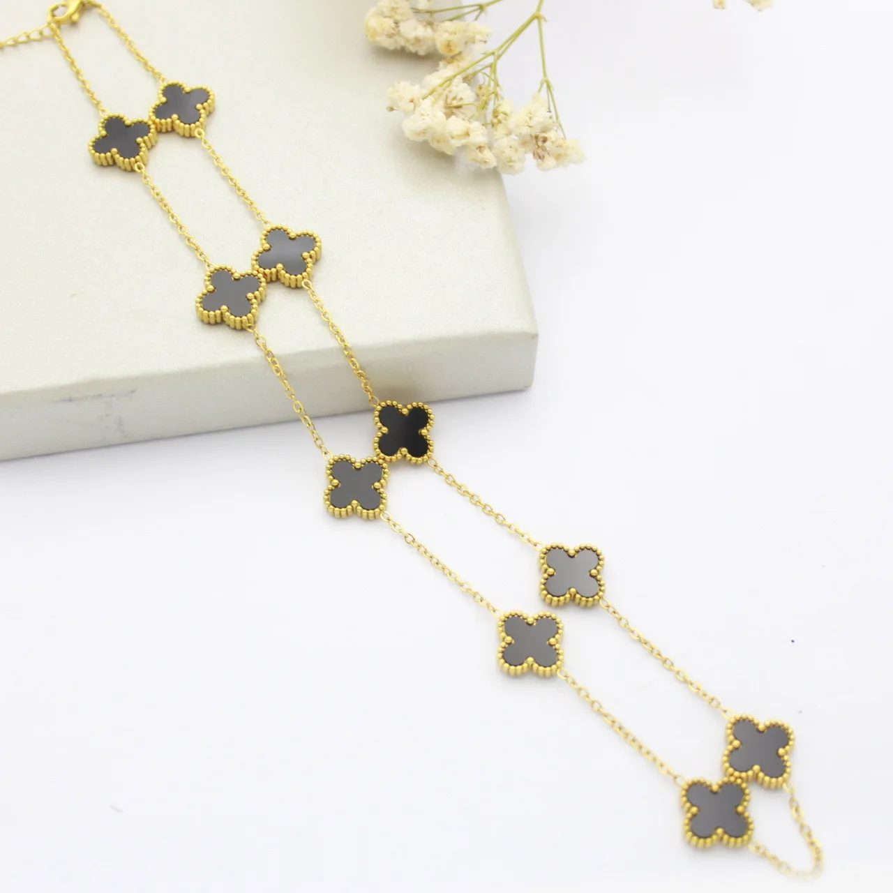 Titanium Steel 10 Flower Sweater Chain Non-fading Double Sided Four-leaf Clover Necklace 65cm Forest Series Long Chain Necklace