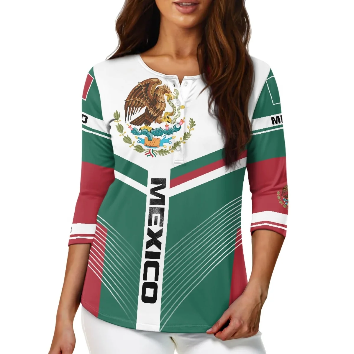 Custom Three-quarter Sleeve Shirt for Women Wholesale Sublimation Printed T-shirts Print on Demand Mexico Design Oversize Blouse