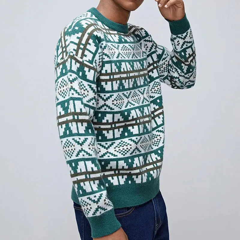 Custom logo jacquard sweater crew neck acrylic pullover autumn knit sweater for men
