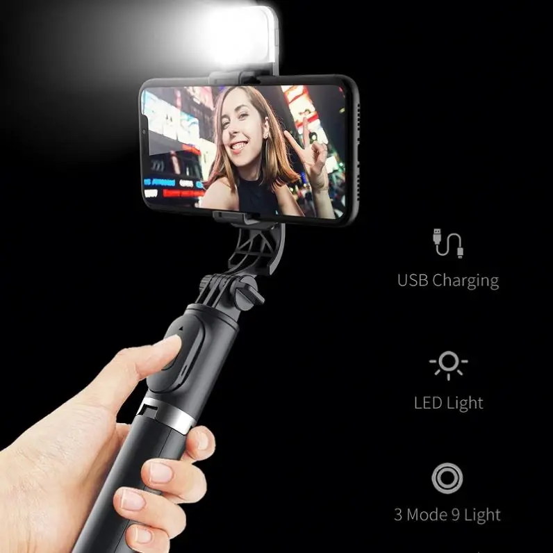 YeXiang Wireless Q02S Selfie Stick Foldable Tripod Selfie Stick with Fill Light Shutter Remote Control for IOS Android Phone