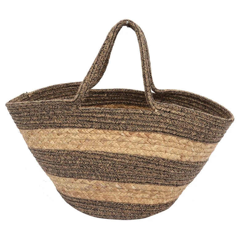 Camel color gold thread hemp gold braid handbag cotton rope storage basket casual fashion women beach bag