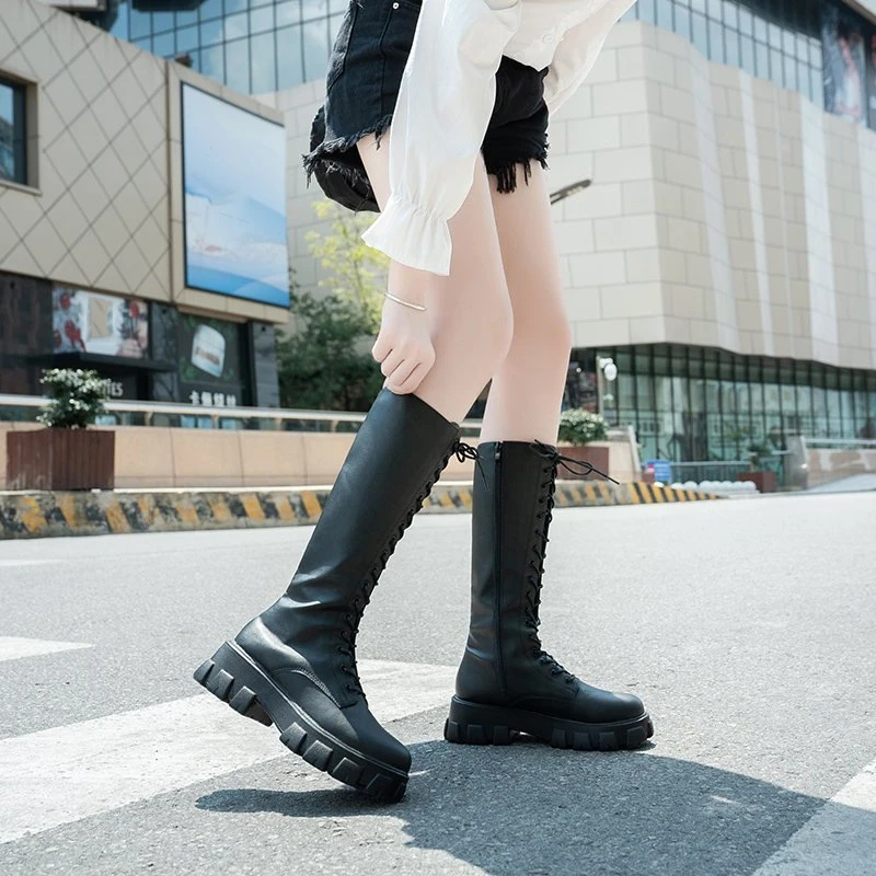 Cheap price Fall winter PU leather Female High Platform Gothic Shoes black Lace Up Women Knee High Boots