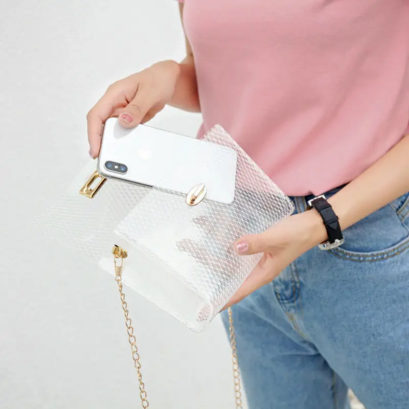 New Women PVC Clear Chain Cross Body Bag Tote Transparent Shoulder Handbag Purse