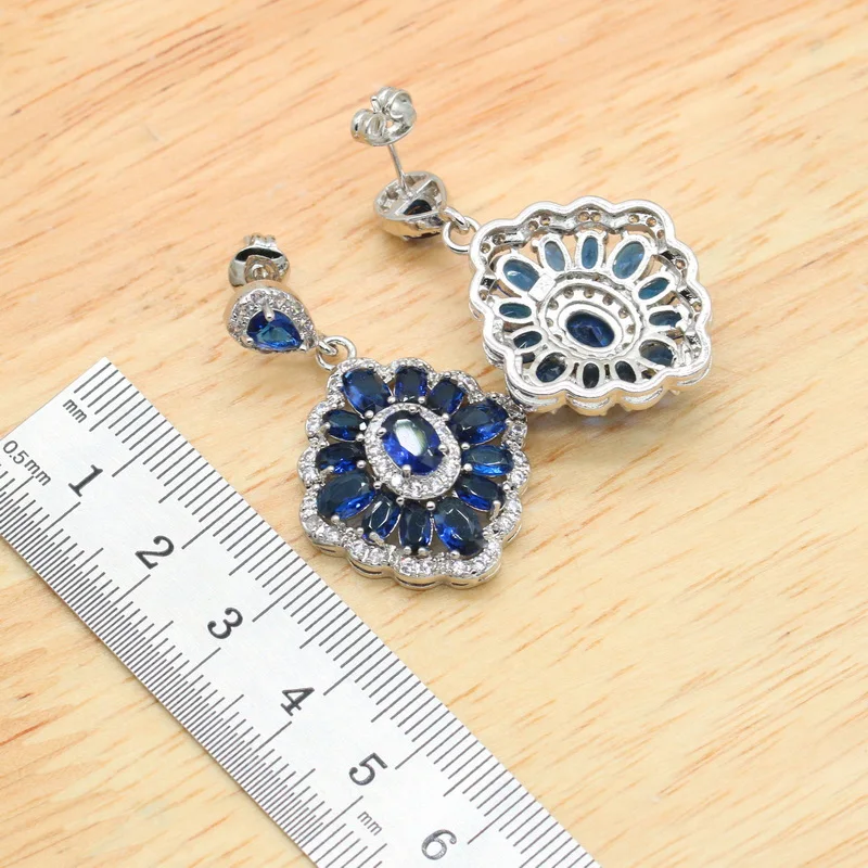 925 Silver Stamp Sapphire Blue Necklace Earring Set for Women Luxury Wedding Party Bridal Jewelry