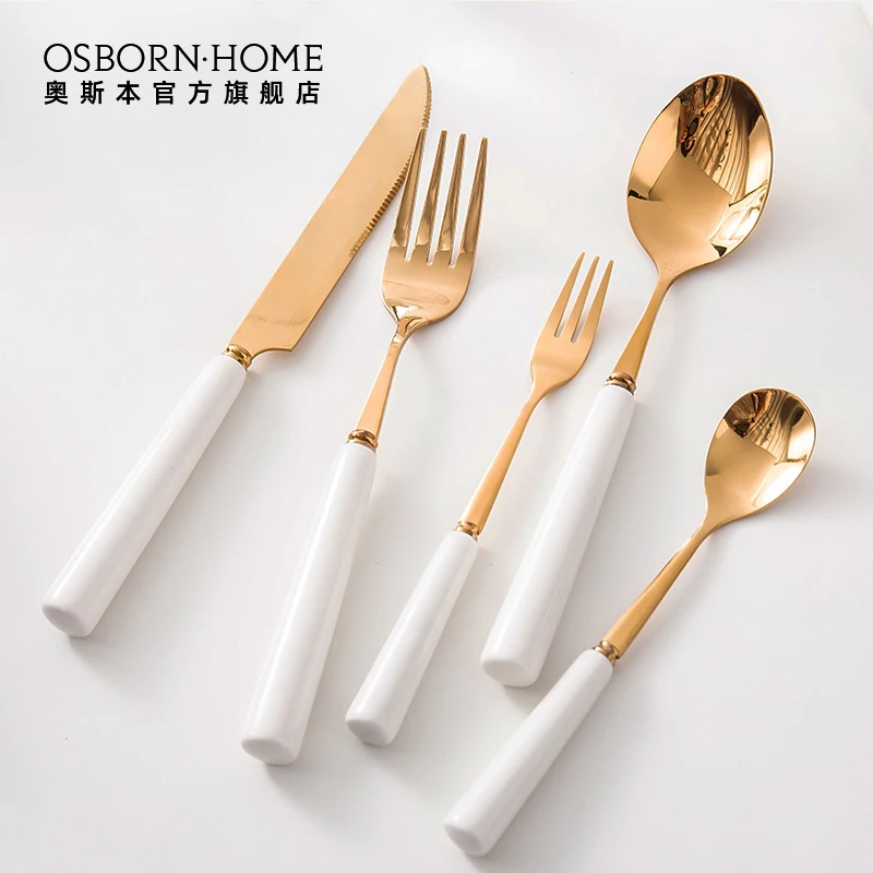 OSBORN 5pcs kitchen stainless steel serrated blade steak knife and Fork set with ceramic Handle