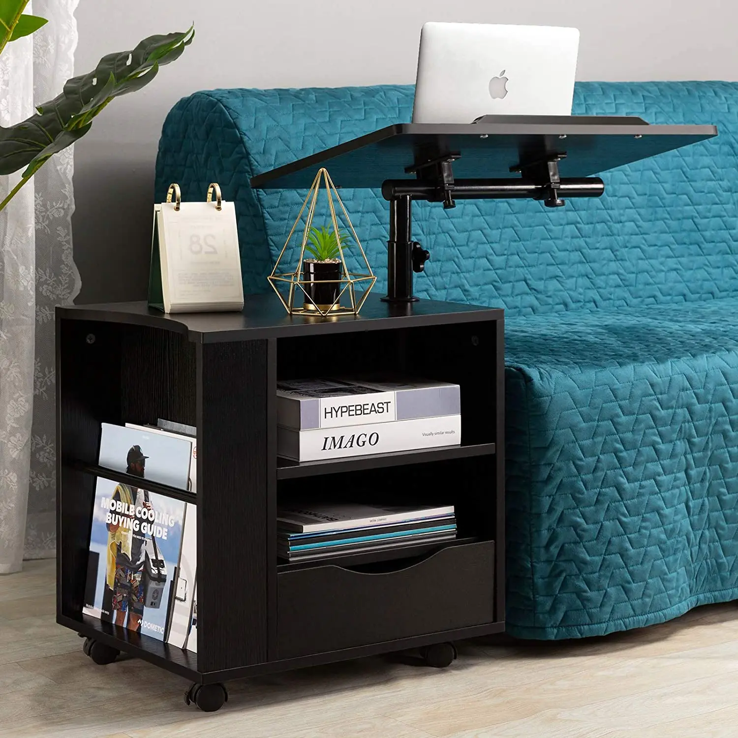 Multi-Functional Wooden Bedside Table Height Adjustable & 360 Rotation Table top Rolling Laptop Desk Computer Table