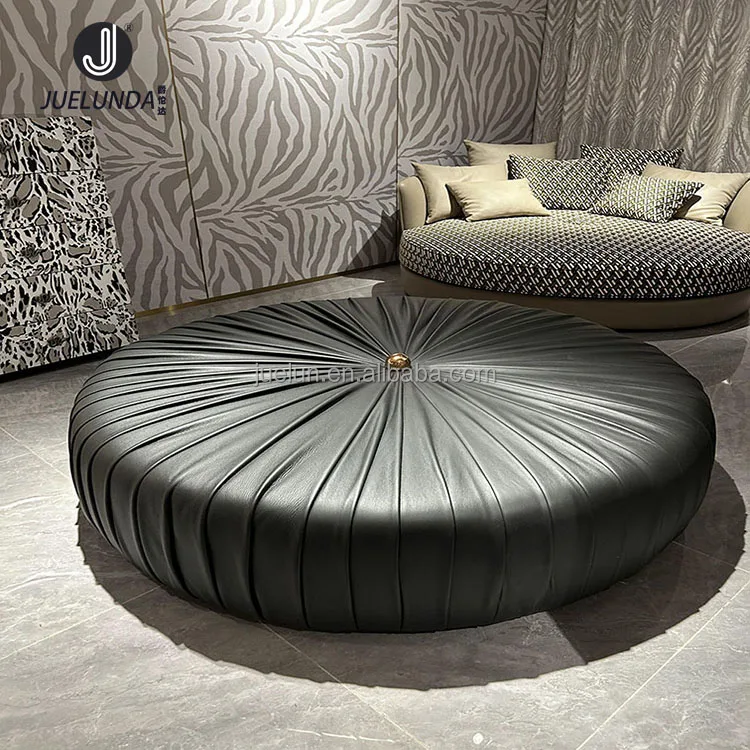 Italian Design Black Leather Big Round Ottoman Foot Stool Leather Ottomans Gold Rivet Decorative Ottoman Pouf