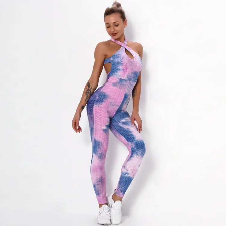 Trendy Cross Strap Tie Dye Beauty Back Yoga Suit Female Sports Bubble Tie-Dye Print Legging Multi Color Hollow Jumpsuit Autumn