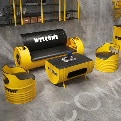 Retro iron oil barrel outdoor restaurant bench metal outdoor leather sofa industrial metal dining accent leather chair
