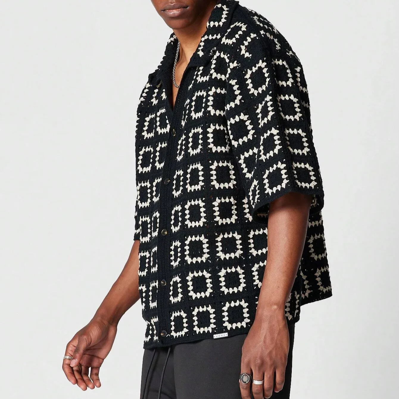 Summer custom oversized button crochet hollow knitted shirt short sleeved sweater for men