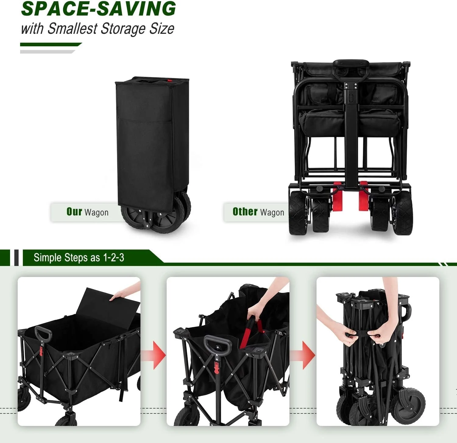 Outdoor Folding Wagon Cart, Portable Large Capacity Beach Wagon, Heavy Duty Utility Collapsible Wagon with All-Terrain Wheels