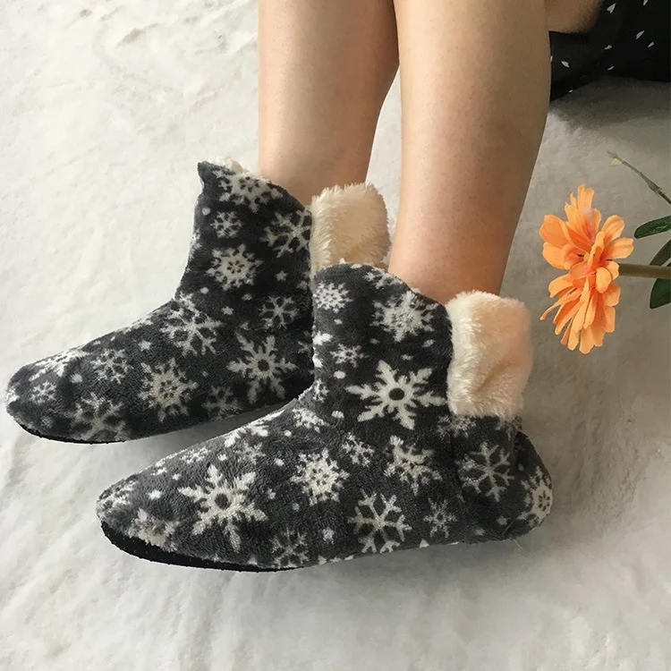 winter woman Christmas snowflake  plush fluffy fuzzy  indoor slipper boots