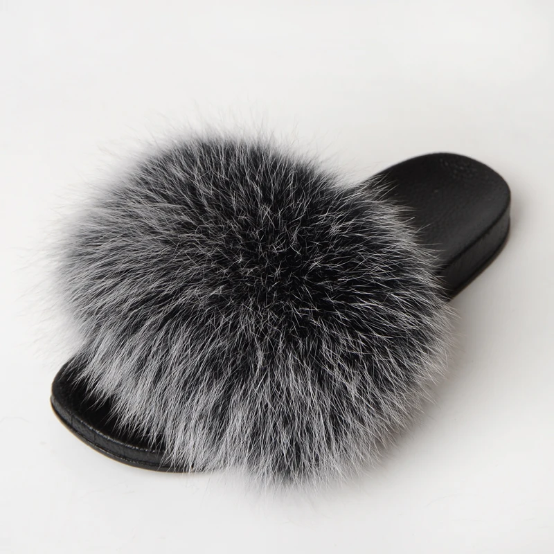 
Quick Shipping Wholesale price real fur slippers flush soft raccoon fur slipper outdoor slider sandals fox fur slides for wome  (1600238206843)