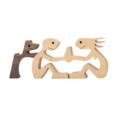 Family Puppy Wood Dog Craft Figurine Desktop Table Ornament Carving Model Creative Home Office Decoration Love Pet Sculpture