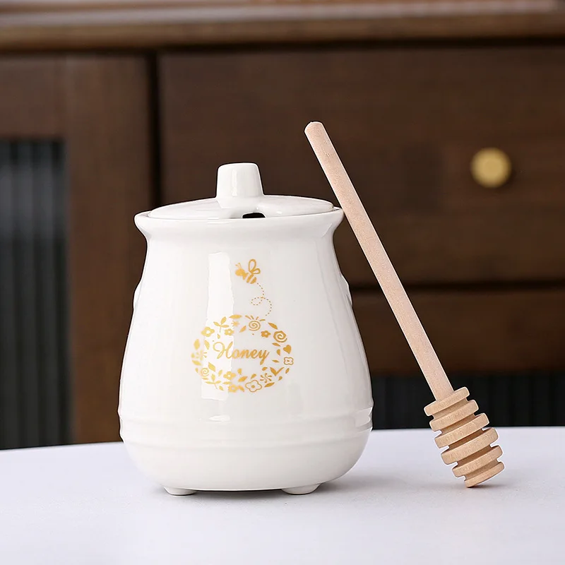 360ml Ceramic Honey Jar with Wooden Dipper & Large Bee Decoration Farmhouse Kitchen Accessory for Food Use