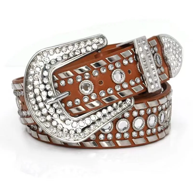 Custom western cowboy  rockstar PU leather crocodile pattern belts designer big buckles bling belt rhinestone men