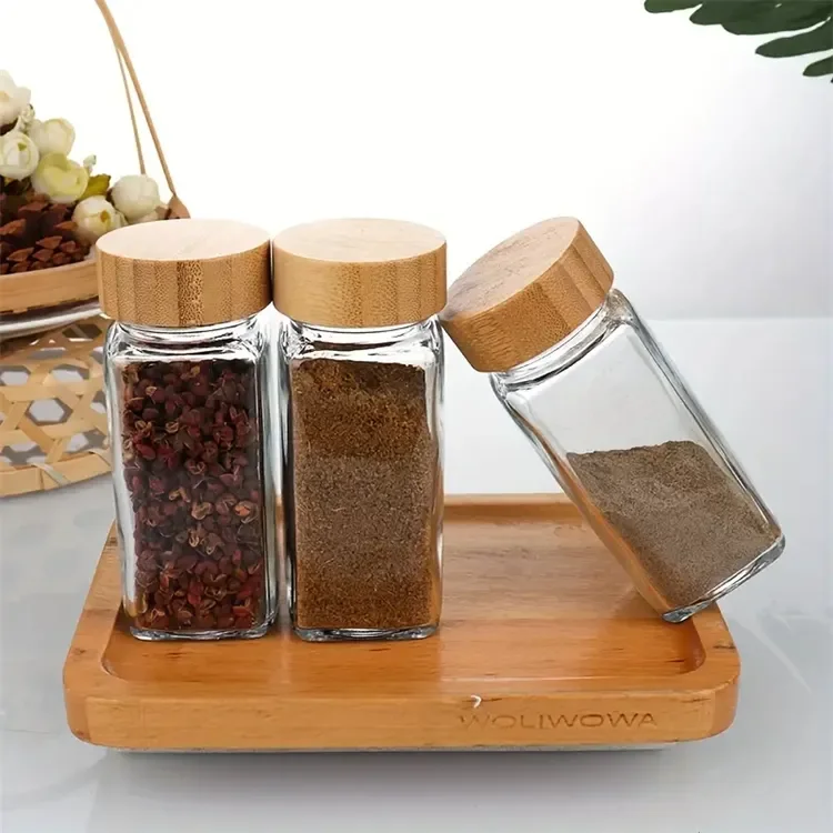 Wholesale 4oz 120ml square glass Spice Jars Seasoning Storage Bottles with bamboo lid and Labels For Spice Rack Cabinet