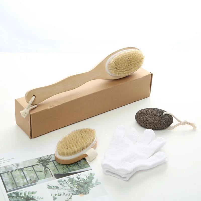 Promotional Wood Bath Accessory Set Double-Side Brush, Foot Grinding Stone, Hand Brush and Nylon Gloves Spa Set Bath Gift Set