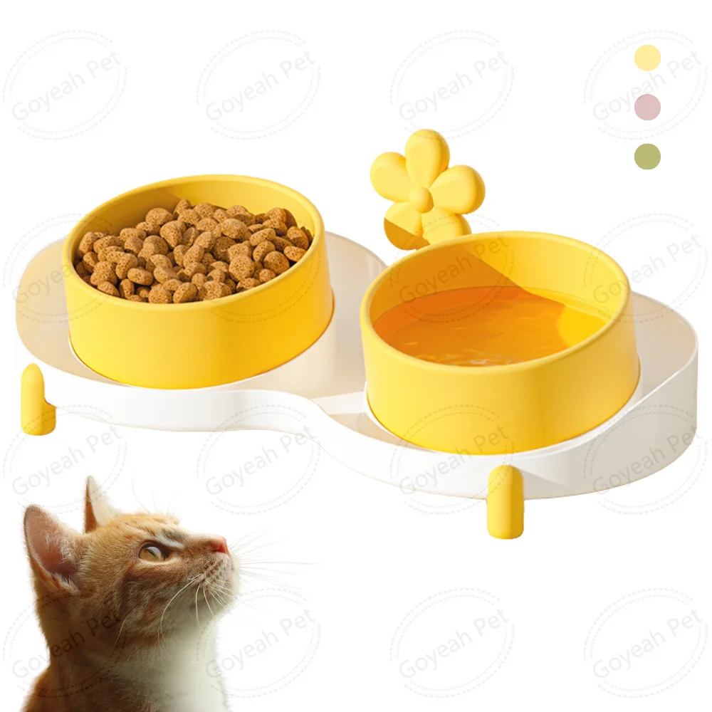 No Spill Tilted Cat Food and Water Dishes Ceramic Pet Dual Bowl with Stand