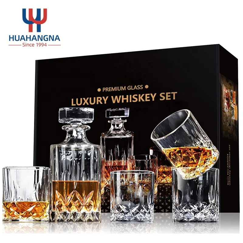 Huahang 5 Piece Crystal Square Bourbon Whiskey Decanter and Old Fashioned Rock Glass Set in Gift Box for Rum Scotch Whisky