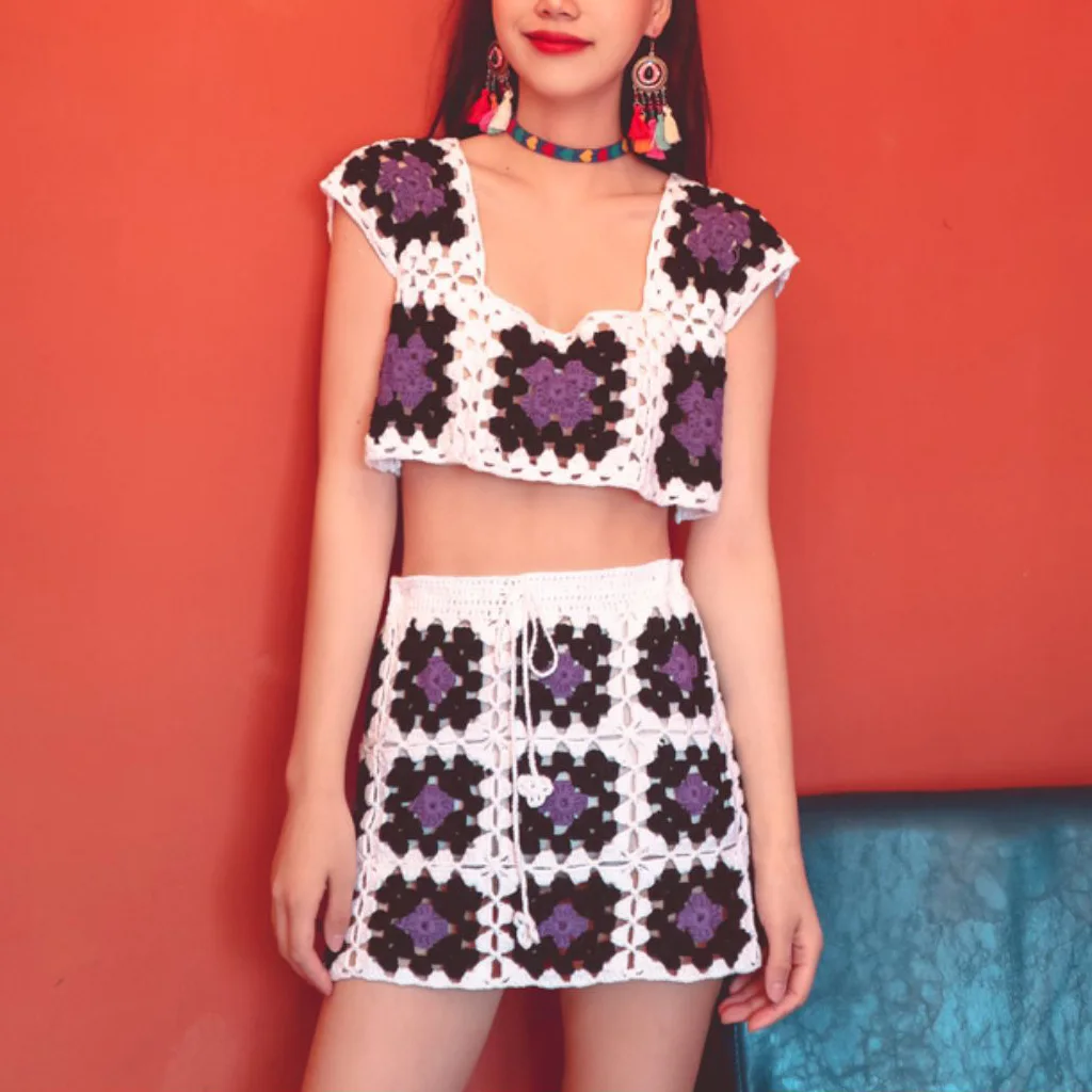2023 Custom knit boho crochet women sweater Set Hollow out hand crochet crop top and skirt two piece clothing set sweater women