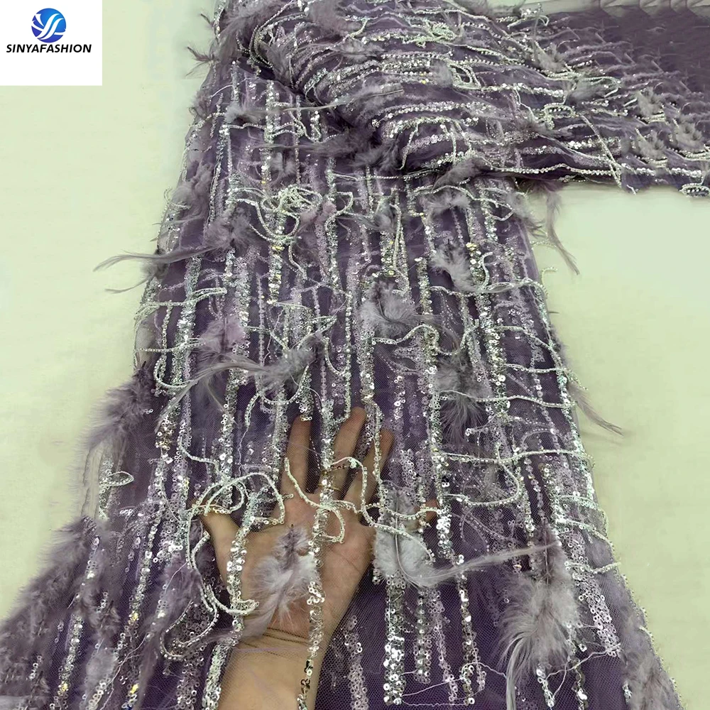 Sinya Gorgeous Sequins Beads Tassels African Tulle Embroidered Wedding Bridal Sewing Dress Luxury 3D Feather Lace Fabric